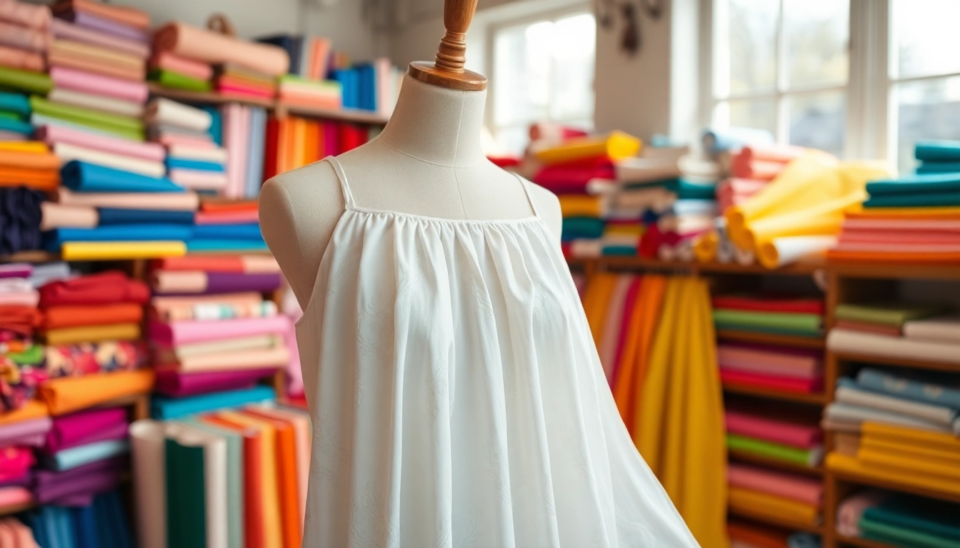 Stof voor jurk kopen in een kleurrijke stoffenwinkel met verschillende materialen.