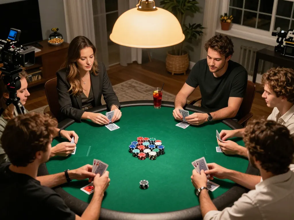 Bạn bè tận hưởng một đêm poker sôi động tại nhà, thể hiện bầu không khí trò chơi hấp dẫn m88 không bị chặn.