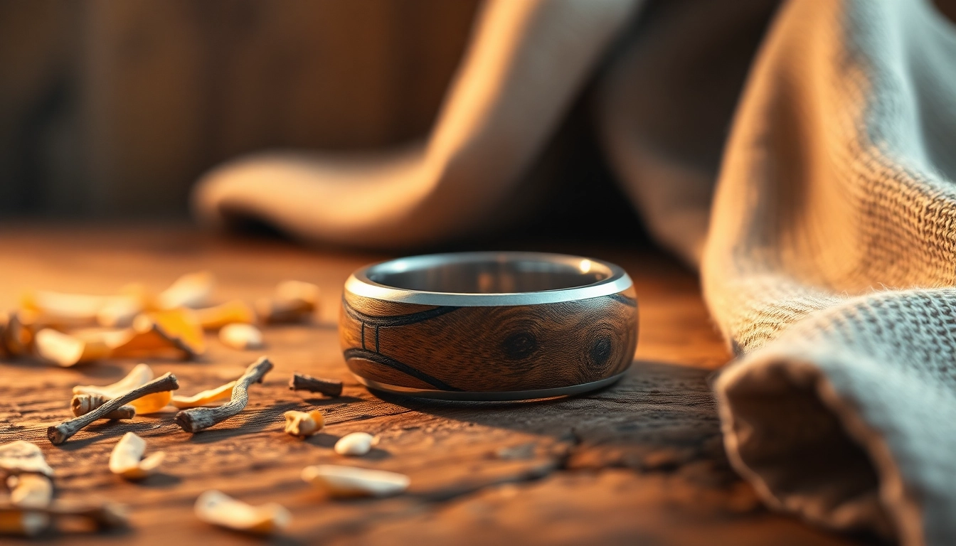 Admire the intricate design of Whiskey Barrel Wedding Bands with unique wood grain textures. related image