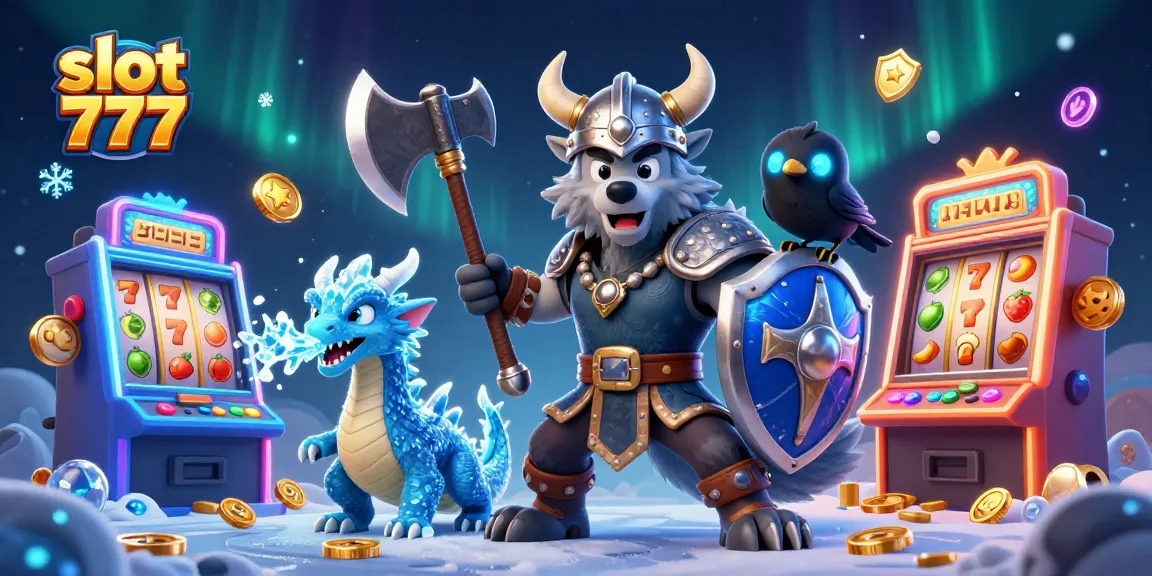 Spin and win with slot 777 in this colorful 3D Viking-themed casino illustration featuring epic characters.