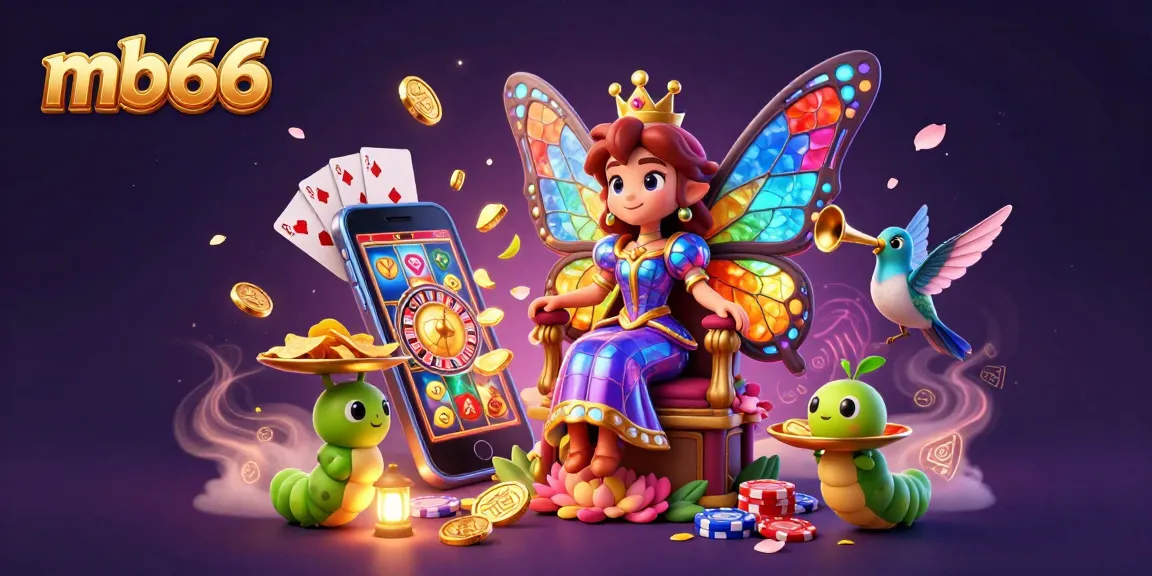 Engage with mb66 on a colorful slot game journey featuring a magical butterfly queen and gold coins.