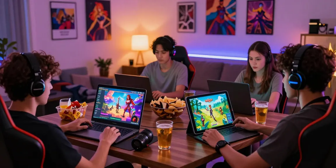Engaging scene of friends playing an html hentai game together in a cozy living room, displaying colorful graphics.
