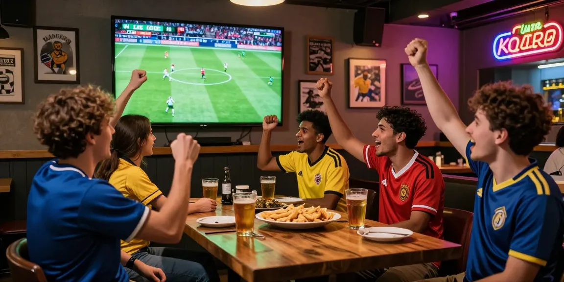 Friends enjoying koora live football match in vibrant sports bar.